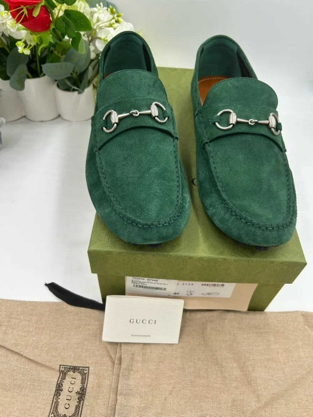 Men's Gucci emerald green horse bit driver loafers size 12.5 fits  13 US